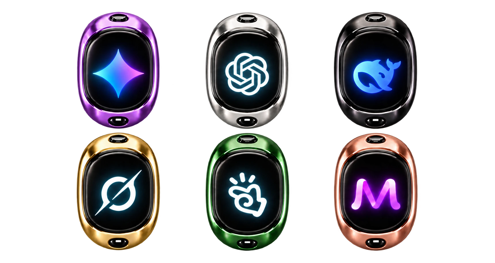 Six polished metal Soliman Ring finishes, each showing a different luminous AI symbol: Gemini, ChatGPT, DeepSeek, Grok, Manus and Muse