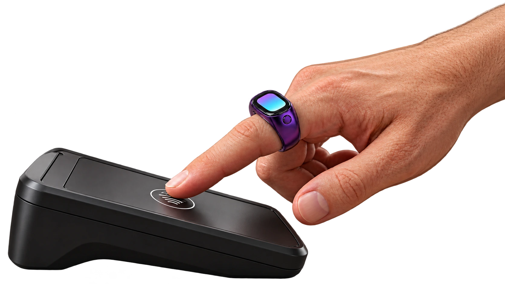 Hand wearing a purple Soliman Ring beside a contactless payment terminal