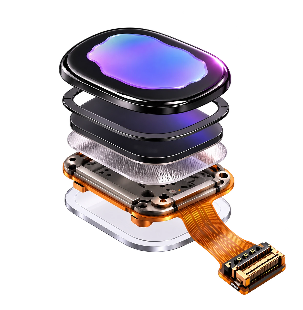 Exploded display assembly showing layers, mounting frame and flexible connector