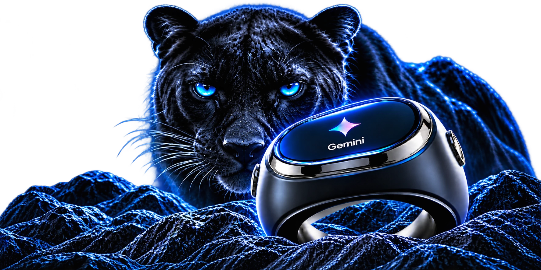 Blue-lit black panther behind Soliman Ring displaying Gemini