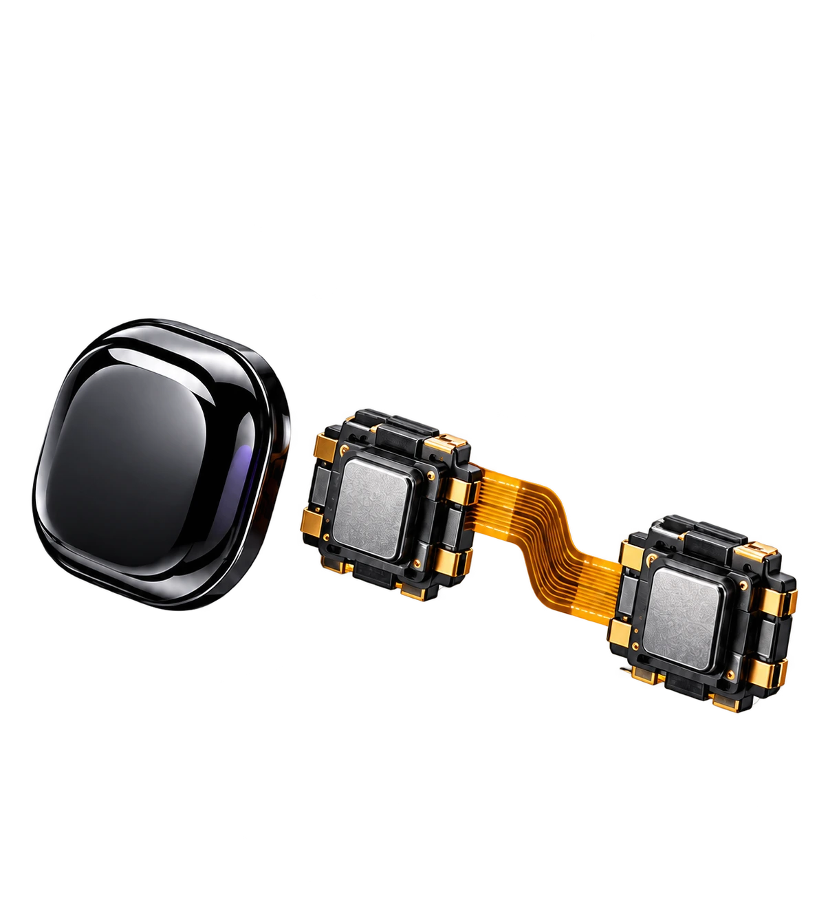 Exploded precision button mechanism connected by a flexible circuit