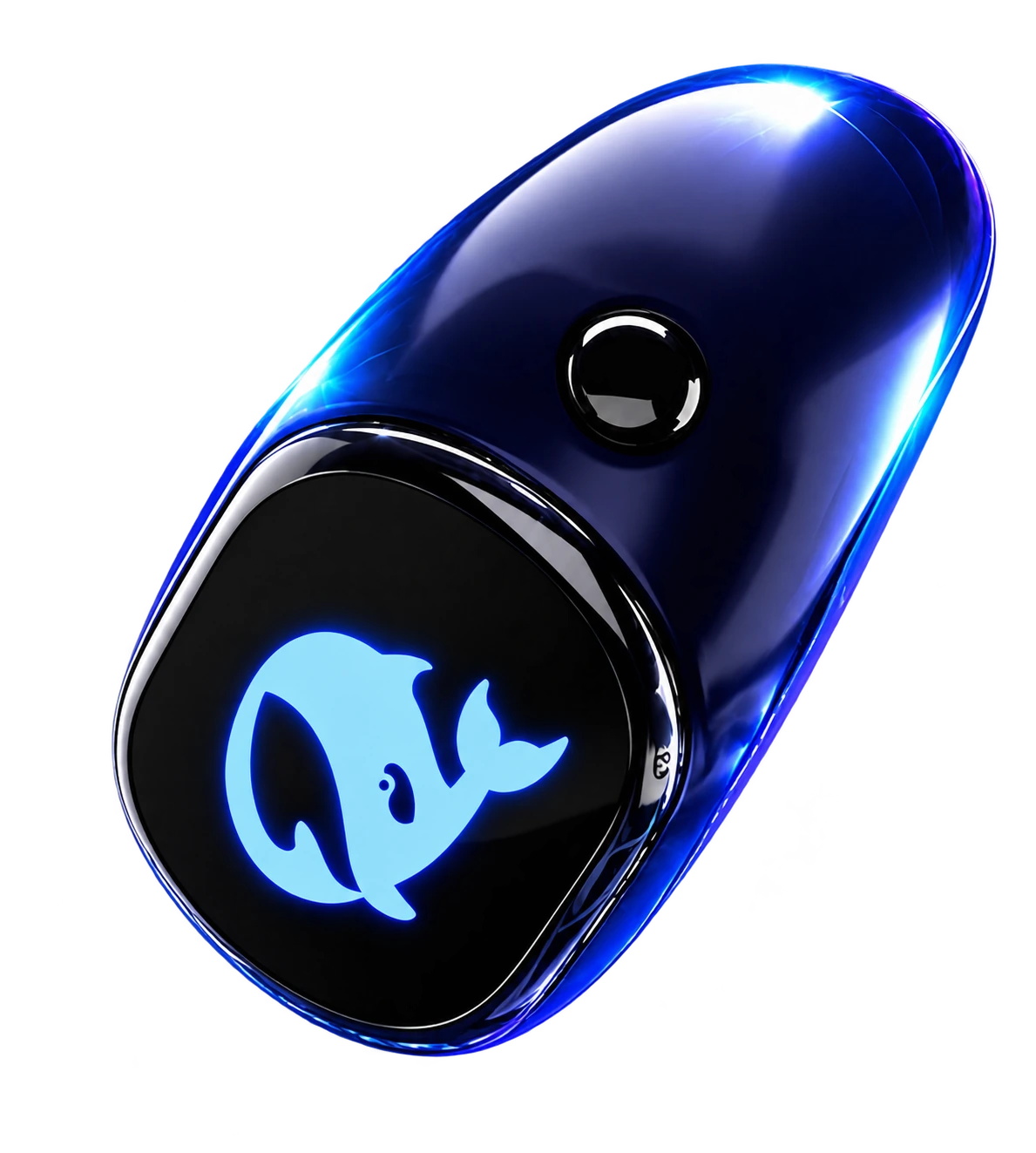 Glossy blue Qareen ring showing a luminous whale character