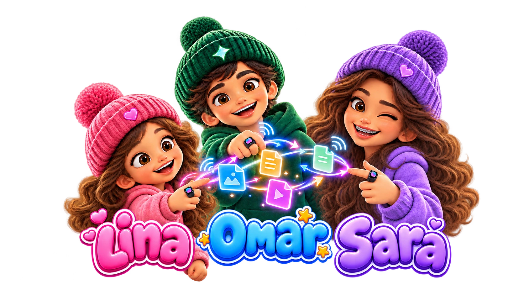 Lina, Omar and Sara Qareen characters in pink, green and purple beanies