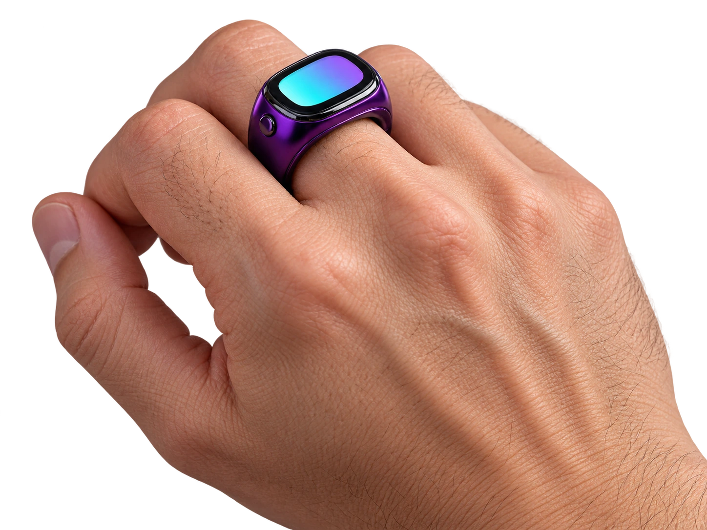 Close-up of a hand wearing the glossy purple Soliman Ring with a luminous display