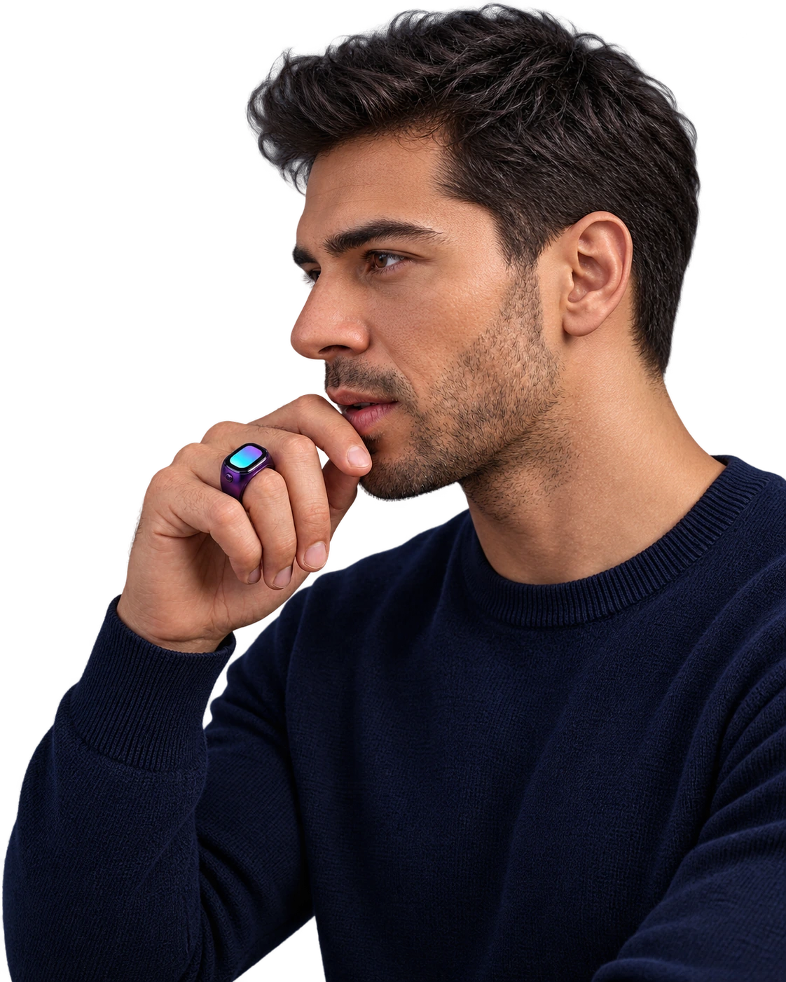 Man in a navy sweater holding his purple Soliman Ring close to his mouth