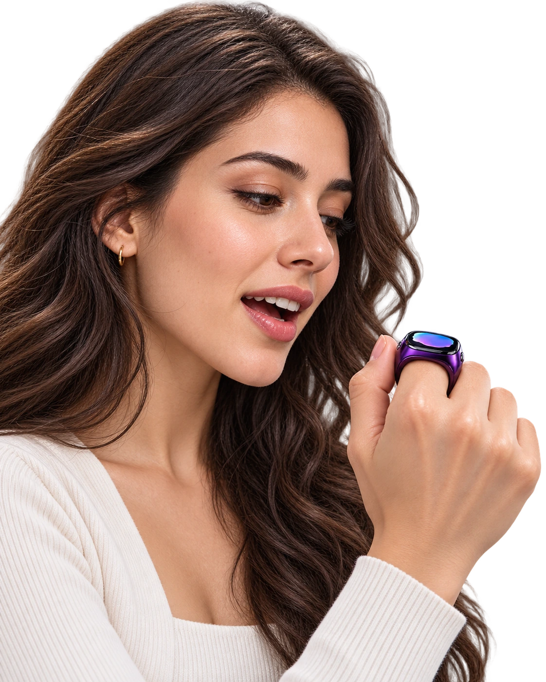 Woman in a white top speaking towards a purple Soliman Ring